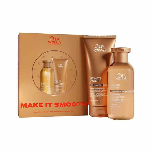 Wella Make It Smooth hair care gift set featuring a gold box, a gold tube of leave-in conditioner, and a gold bottle of hair smoothing treatment on a white background.