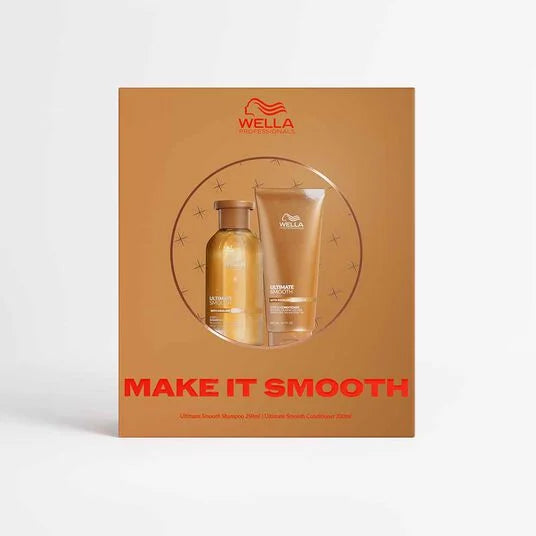 Wella Make It Smooth hair care set in a square brown cardboard box with a circular cutout showing a bottle and tube, on a light gray background.