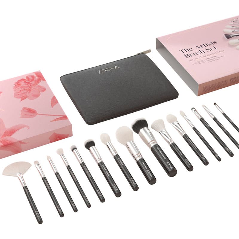 Zoeva | The Artists Brush Set | 15 essential makeup brushes | stylish clutch | traditionally handcrafted | premium components | innovative | white Soft-Vegan-Performance™ hair mix brushes | powder formulas | vegan mono hair mix brushes | black hair | white tips | liquid | cream | gel textures | unleash inner artist | artistry | no bounds