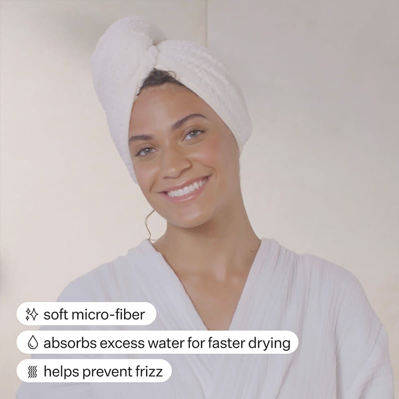 Act+Acre Intelligent Hair Towel | speeds up drying process | minimizes friction | reduces frizz | prevents damage | essential for healthier hair.