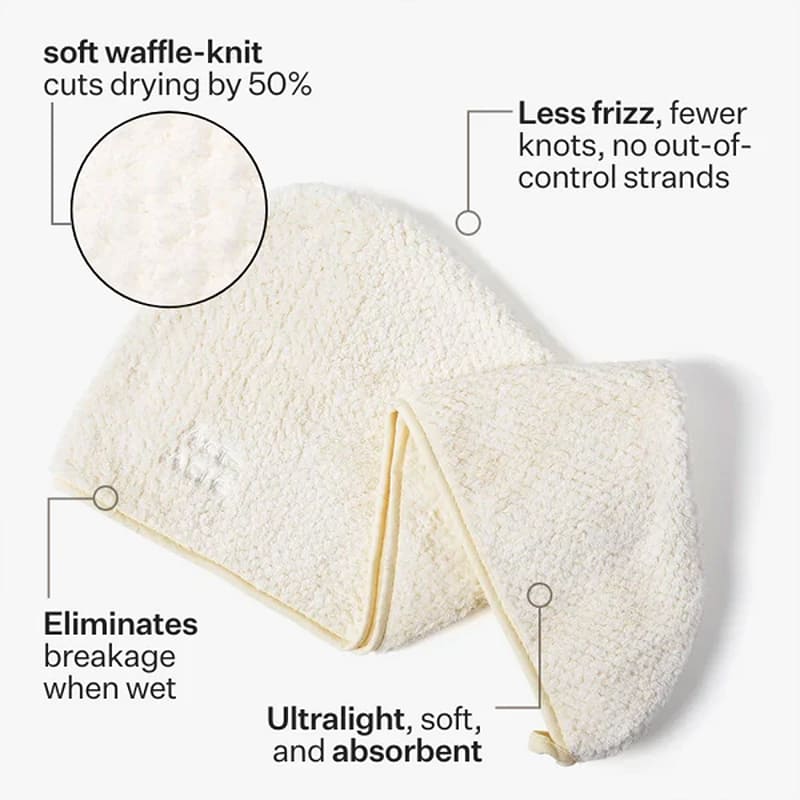 Act+Acre Intelligent Hair Towel | speeds up drying process | minimizes friction | reduces frizz | prevents damage | essential for healthier hair.