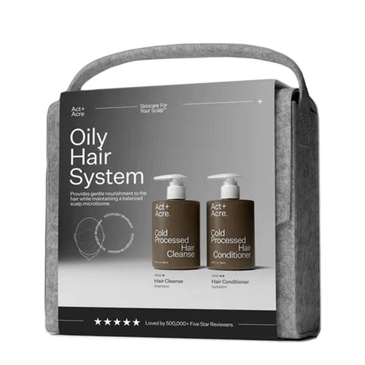Act+Acre Oily Hair System | Hair Cleanse + Hair Conditioner | Breaks down oil, dirt, pollution | Replenishes nutrients | Supports healthy scalp microbiome | Developed by trichologist | Improves shine & hair health | Ideal for heavy build-up & excess oil