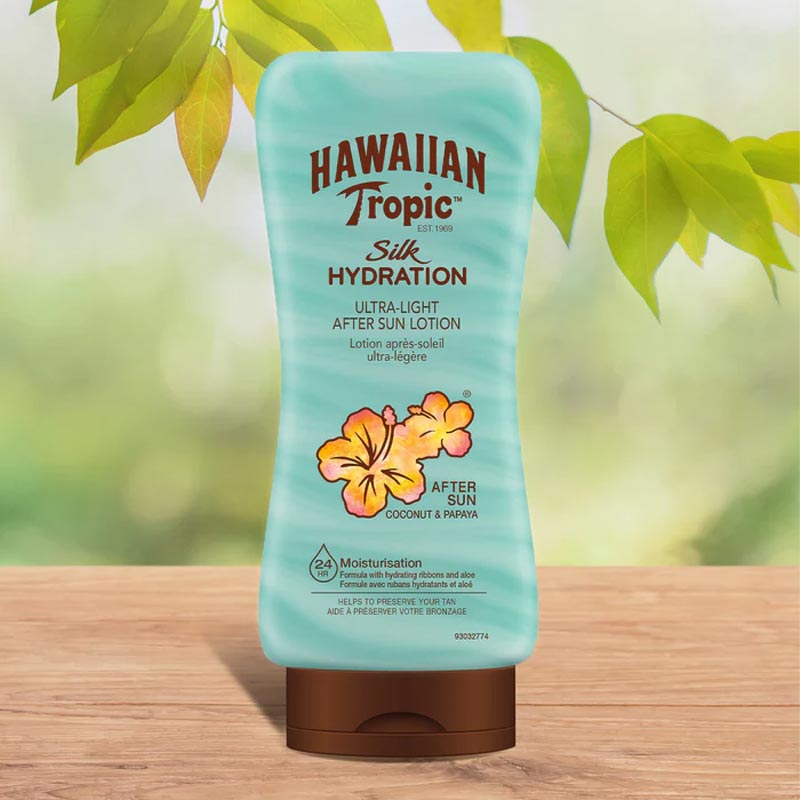 Hawaiian Tropic | Silk Hydration | After Sun | lightweight body lotion | deep moisturization | skin | rich | Aloe | hydrating | cooling | support | skin health | prolonging tan | coconut | papaya | aloe gel