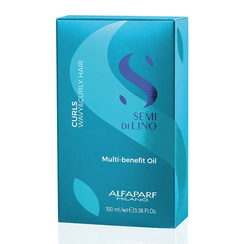 Alfaparf Milano Professional Semi Di Lino Curls Multi-benefit Oil | hydration | detangling | definition | illumination | protection from heat and humidity | finishing touch | glossy | frizz-free | complements curly locks.
