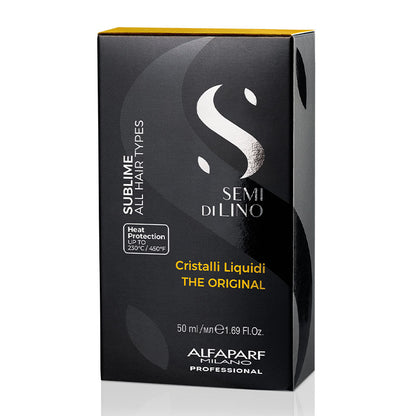Alfaparf Milano Professional Semi Di Lino Sublime Crystalli Liquidi The Original | instantly brighten | protect hair fiber | purify, perfect, enhance | beautifully illuminated, wonderfully preserved.