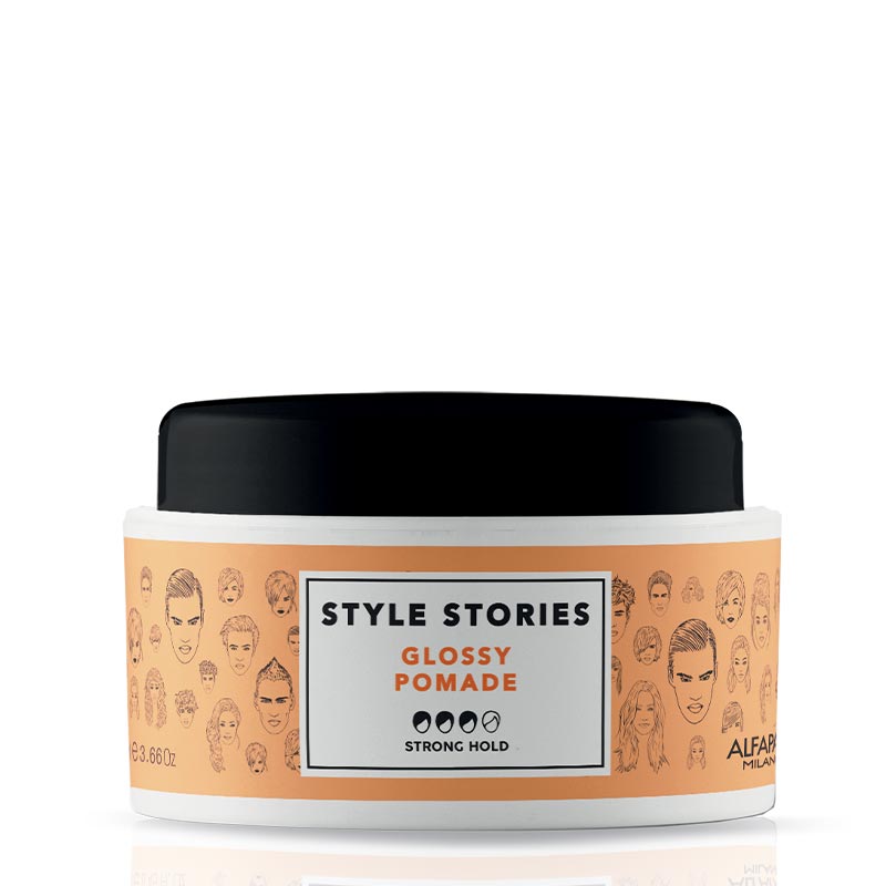 Alfaparf Milano Professional Style Stories Glossy Pomade | astonish | radiate brilliance | ultimate choice | unbeatable glossy looks | won't weigh hair down | washes out effortlessly | ultra-shiny finish | shine on every occasion.