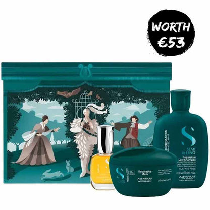 A haircare gift set from alfaparf featuring a large illustrated teal box, a dark teal shampoo bottle, a dark teal conditioner jar, and a small yellow bottle, with a black circular badge reading 'WORTH €53' in the top right on a white background.