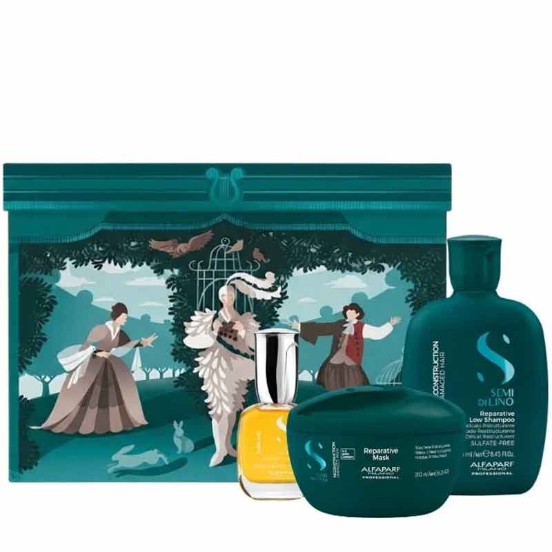A hair care gift set by alfaparf featuring a teal illustrated box with historical figures, a yellow bottle, a dark teal shampoo bottle, and a dark teal conditioner jar in front.