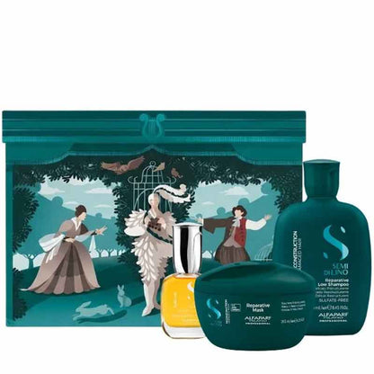 A hair care gift set by alfaparf featuring a teal illustrated box with historical figures, a yellow bottle, a dark teal shampoo bottle, and a dark teal conditioner jar in front.