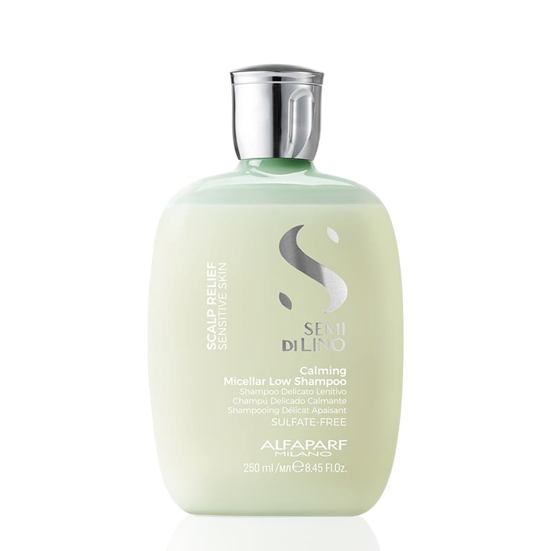 Alfaparf Milano Professional Semi Di Lino Scalp Relief Calming Micellar Low Shampoo offers a soothing effect while gently cleansing the scalp. Perfect for sensitive scalps, it provides a sense of relief, leaving the scalp comfortable and refreshed without weighing it down ideal for frequent use