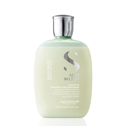 Alfaparf Milano Professional Semi Di Lino Scalp Relief Calming Micellar Low Shampoo offers a soothing effect while gently cleansing the scalp. Perfect for sensitive scalps, it provides a sense of relief, leaving the scalp comfortable and refreshed without weighing it down ideal for frequent use