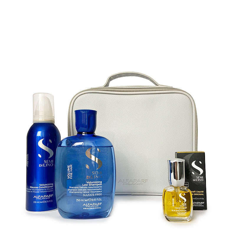Alfaparf | Volumizing | Gift Set | Semi Di Lino | Volume | Shampoo | Conditioner | travel size | Sublime Crystalli | hydrate | intense volume | fine hair | stronger | fuller | thicker hair | stunning | Alfaparf bag | storing | favourite products