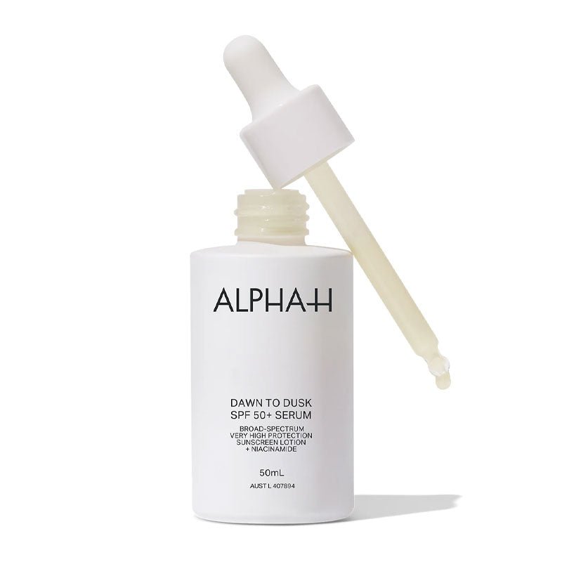Alpha-H | Dawn to Dusk SPF50+ Serum | ultra-light serum | UVA | UVB filters | broad-spectrum sun protection | nourishing actives | formula | revitalize | brighten | skin | combating | signs of aging | SPF | skincare routine | lightweight 