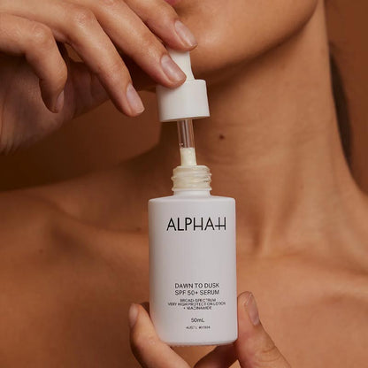 Alpha-H | Dawn to Dusk SPF50+ Serum | ultra-light serum | UVA | UVB filters | broad-spectrum sun protection | nourishing actives | formula | revitalize | brighten | skin | combating | signs of aging | SPF | skincare routine | lightweight