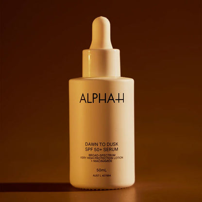 Alpha-H | Dawn to Dusk SPF50+ Serum | ultra-light serum | UVA | UVB filters | broad-spectrum sun protection | nourishing actives | formula | revitalize | brighten | skin | combating | signs of aging | SPF | skincare routine | lightweight