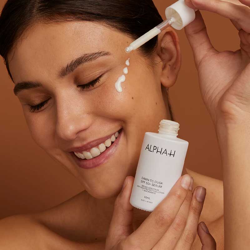 Alpha-H | Dawn to Dusk SPF50+ Serum | ultra-light serum | UVA | UVB filters | broad-spectrum sun protection | nourishing actives | formula | revitalize | brighten | skin | combating | signs of aging | SPF | skincare routine | lightweight