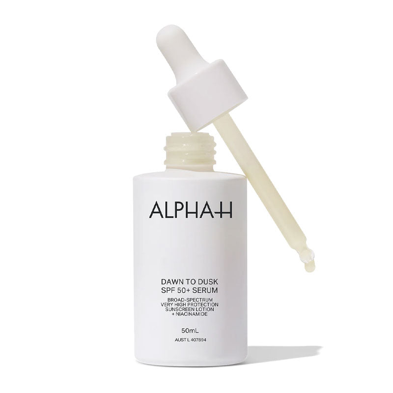 Alpha-H | Dawn to Dusk SPF50+ Serum | ultra-light serum | UVA | UVB filters | broad-spectrum sun protection | nourishing actives | formula | revitalize | brighten | skin | combating | signs of aging | SPF | skincare routine | lightweight 