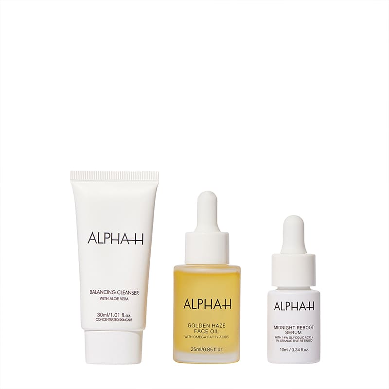 a balancing cleanser, Liquid Gold reboot serum and Golden Haze Face Oil