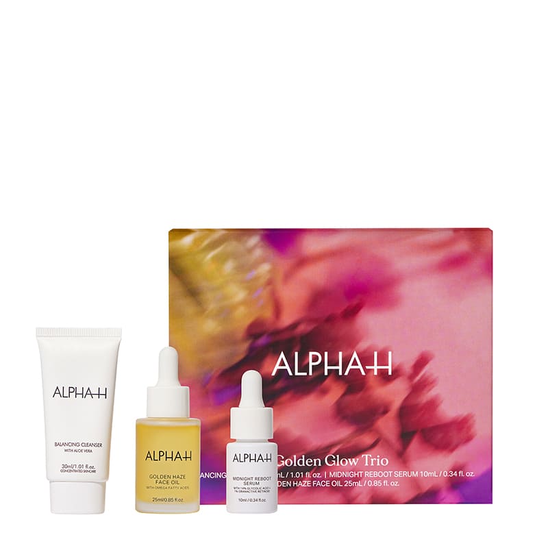 a balancing cleanser, Liquid Gold reboot serum and Golden Haze Face Oil