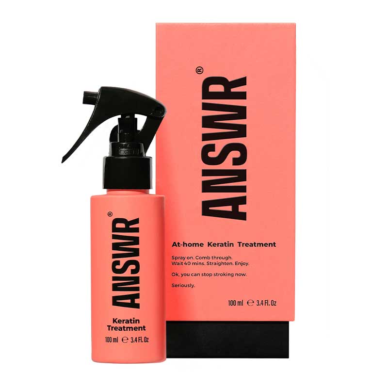  ANSWR At-Home Keratin Treatment | up to three months of frizz-free hair | vegan | cruelty-free | formaldehyde-free | sulfate-free | paraben-free | silicone-free | salon-quality results.