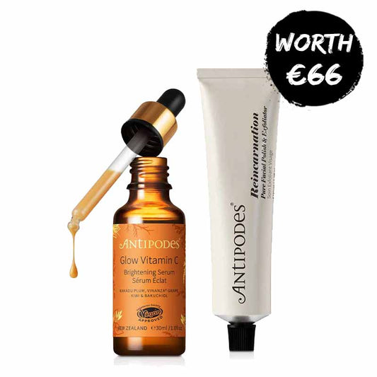 Antipodes Glow Vitamin C Brightening Serum + FREE Reincarnation Exfoliator, brightening skincare, vitamin c skincare