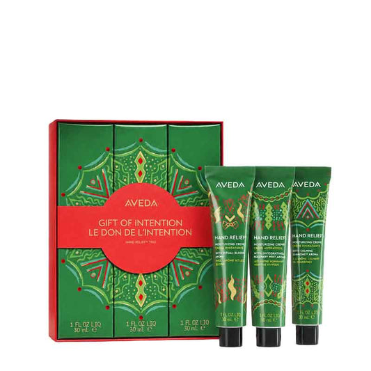Aveda Gift of Intention gift set featuring a red and green patterned box with three hand relief tubes displayed in front on a white background.
