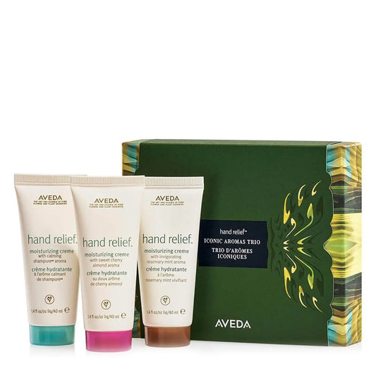 Aveda Hand Relief Iconic Aromas Trio Gift Set | limited-edition set | iconic scents | Shampure™ | Rosemary Mint | Cherry Almond | Hand Relief™ moisturizing creme | holiday essential | intensely moisturize | dry hands | noticeably softer | smoother | sustainable | future-forward box | Iris van Herpen-designed