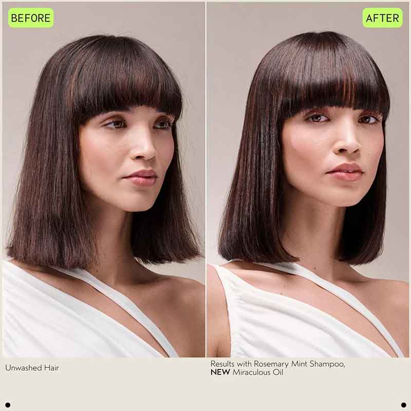 Before-and-after split comparison of a woman's hair showing the results of a shampoo and oil treatment. The left side is labeled 'BEFORE' and shows unruly, frizzy hair with bangs.