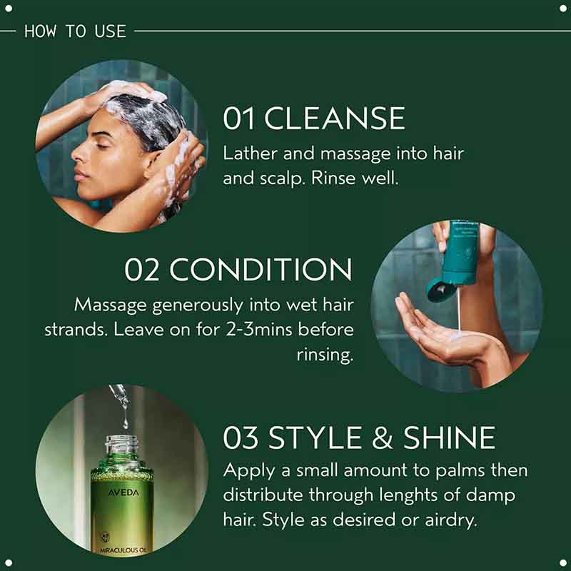 Aveda Shine with Strength Botanical Repair Haircare Gift Set steps to use