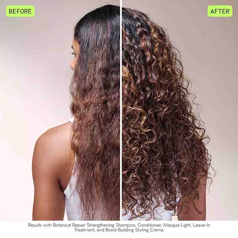 Aveda Shine with Strength Botanical Repair Haircare Gift Set before and after image dark frizzle curly hair