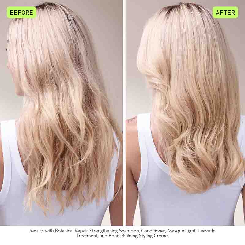 Aveda The Wellness Botanical Repair Haircare Gift Set before and after image blonde hair mid length