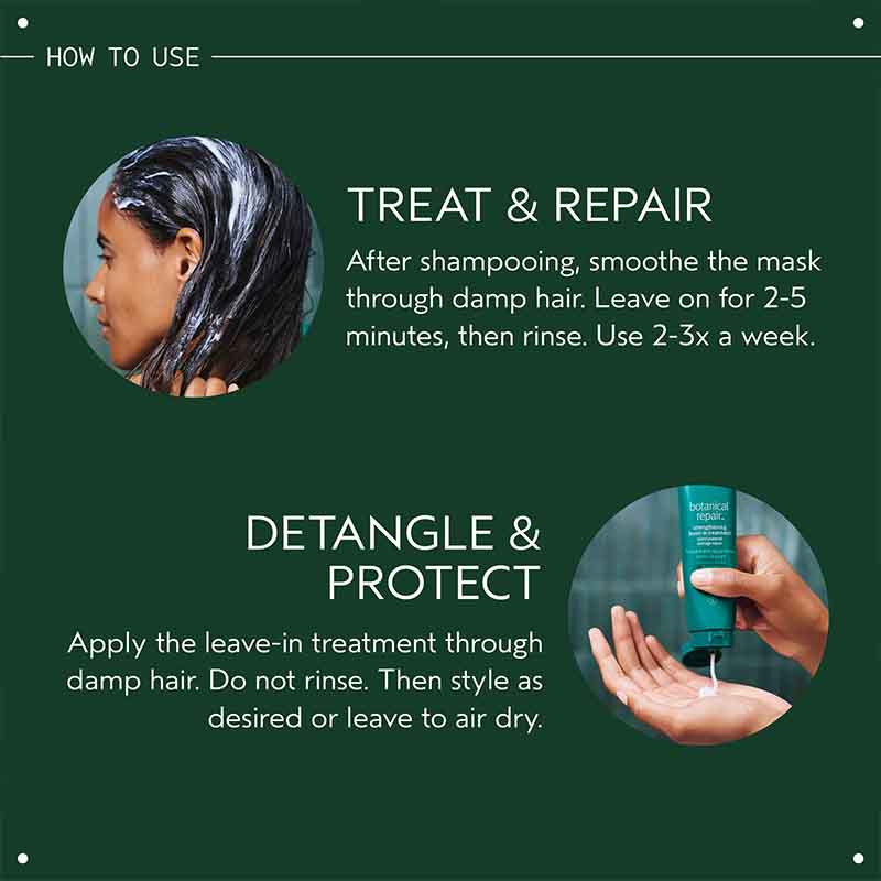 Instruction graphic for a hair treatment product on a dark green background, with two circular photos and text reading 'HOW TO USE', 'TREAT & REPAIR', and 'DETANGLE & PROTECT'.
