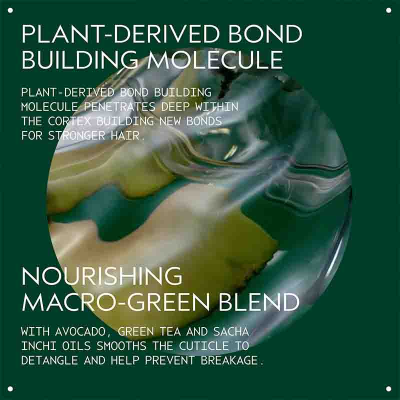 A dark green promotional graphic with white text and a large oval inset showing an abstract marbled green, teal, and beige product texture. The text reads: 'PLANT-DERIVED BOND BUILDING MOLECULE' and 'NOURISHING MACRO-GREEN BLEND' with additional descriptive copy about avocado, green tea, and sacha inchi oils.