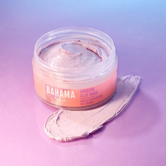 Bahama Skin Hibiscus Clay Mask | banishes impurities | excess oil | skin | soft | refreshed | clarifying purple clay | exfoliating oat kernels | hibiscus flower extract | face mask