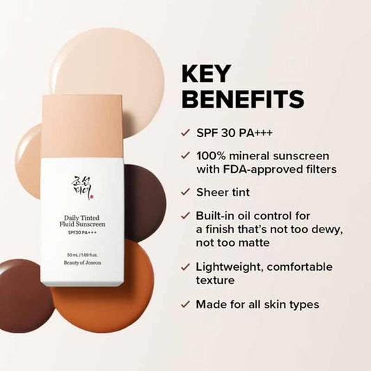 BEAUTY OF JOSEON Daily Tinted Fluid Sunscreen SPF 30 PA+++ key benefits with background of shades in bubbles, with text stating its 100% mineral, sheer and natural, fluid and lightweight as well as ideal for oily and combination skin types