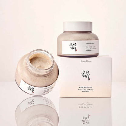 BEAUTY OF JOSEON Ground Rice and Honey Glow Mask white background with tubs of product, one is open and one is closed and sitting on top of its packaging box