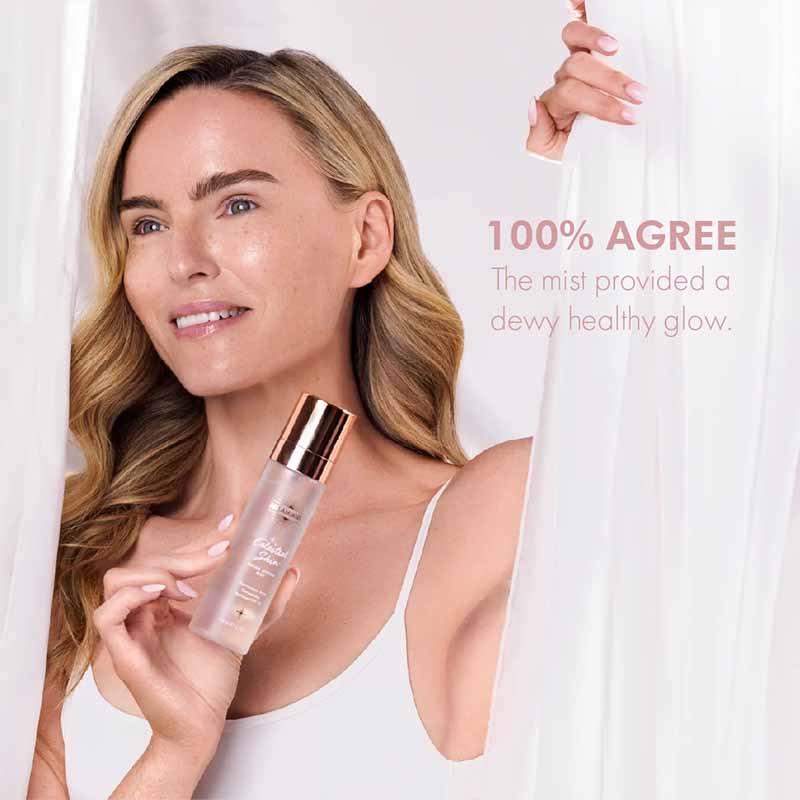 Bellamianta Celestial Skin Dream Setting Mist woman with Dewy skin and text on screen saying one hundred percent agrees that this mist have them a dewy healthy glow