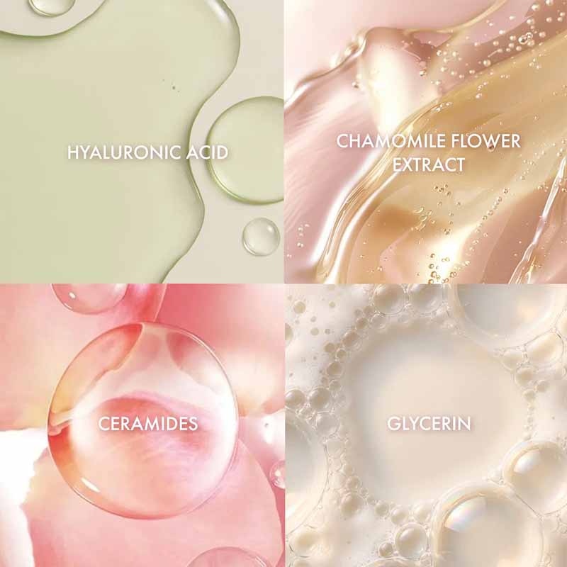 Bellamianta Celestial Skin Dream Setting Mist Ingredient grid image, hyaluronic acid, chamomile flower extract, ceramides and glycerin