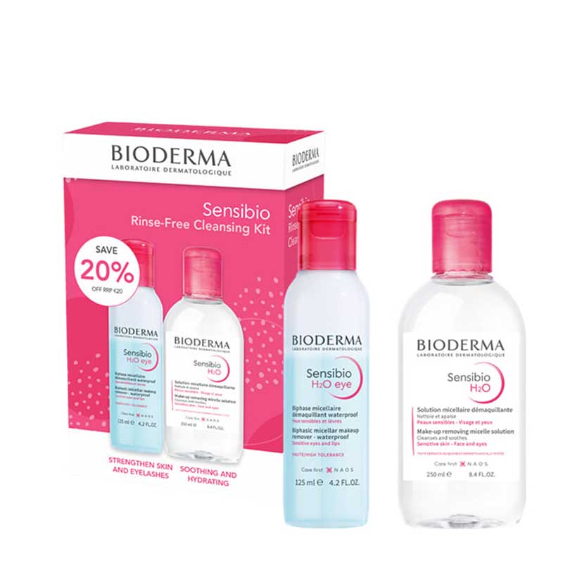 Bioderma | Sensibio | Rinse-Free | Cleansing Kit | Micelle Solution | sensitive skin | rosacea | H2O Eye Makeup Remover | delicate eye area |  biphase | micellar water | cleanses | waterproof | strengthening | gentle 