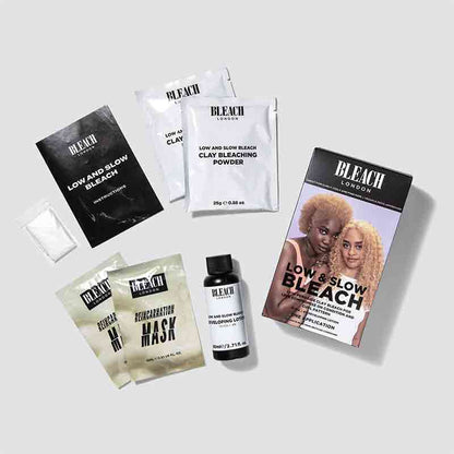 Bleach London Low & Slow Bleach Kit | hair | lightening | kit | designed | lift | remove | natural | colour | pigment | curly | coily | hair | curl | bleached | bleach powder | developing lotion | strengthening | treatment | professional | grade | lighten | 6 levels | lifting | light | preserving | integrity
