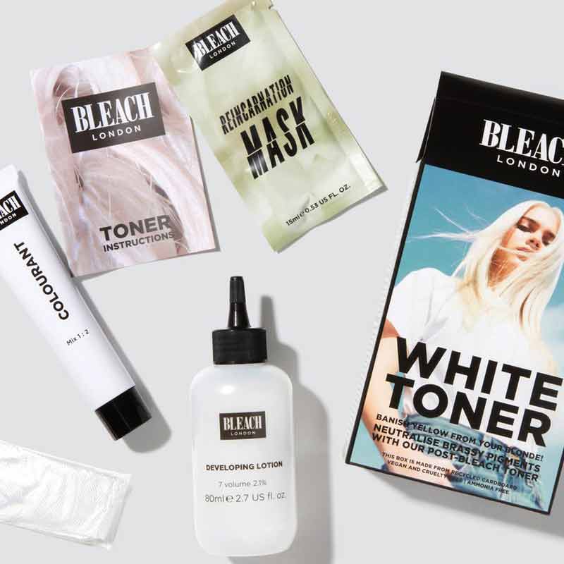 Bleach London White Toner Kit | 4 piece | hair | toning | neutralise | no brass | transform | icy | platinum | kit | developing lotion | colourant | mask | white 