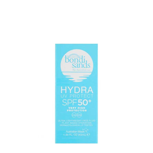 Bondi Sands | Hydra UV Protect SPF 50+ Face Fluid | UVA protection | UVB protection | hydrating face fluid | undetectable finish | non-greasy finish | deeply moisturising | ethically harvested algae | fragrance-free | paraben-free | sulphate-free | non-comedogenic | dermatologist-tested | wear with makeup | daily SPF50 protection | ideal for sensitive skin types