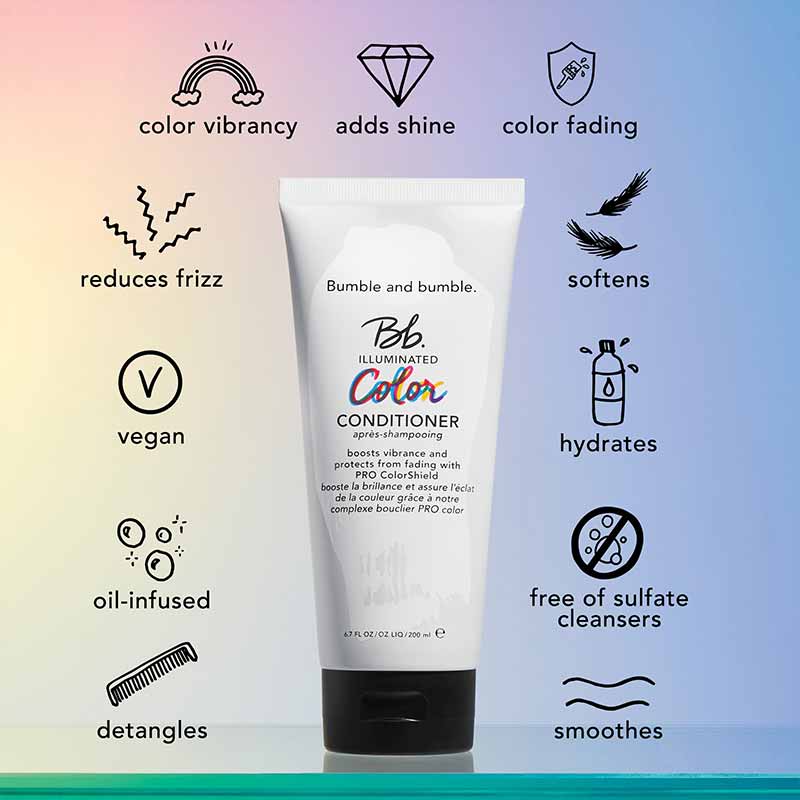Bumble and bumble | Illuminated Color Conditioner | lightweight | moisture-rich formula | key to amplified vibrance and shine | enhance | look of color-treated hair | goodbye to frizz | flyaways | works to smooth | seal the cuticle | hair | luminous | locked-in color | turn heads