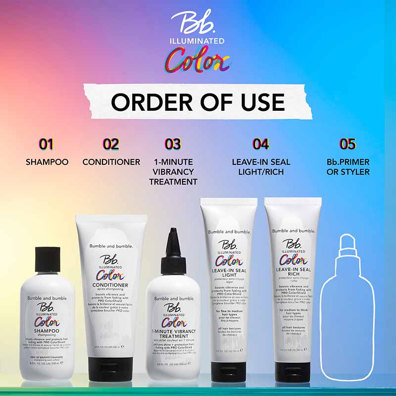 Bumble and bumble | Illuminated Color Conditioner | lightweight | moisture-rich formula | key to amplified vibrance and shine | enhance | look of color-treated hair | goodbye to frizz | flyaways | works to smooth | seal the cuticle | hair | luminous | locked-in color | turn heads