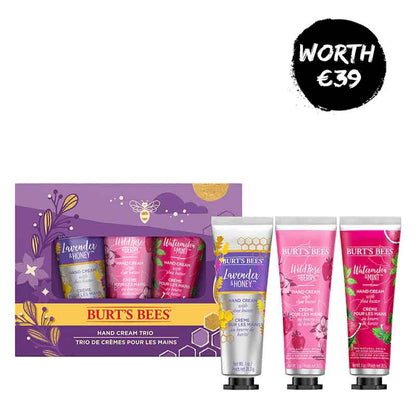 Burt's Bees | Hand Cream Trio Gift Set | naturally nourishing | hard-working hands | Lavender & Honey | Wild Rose & Berry | Watermelon & Mint | soft hands | blissfully fragrant.