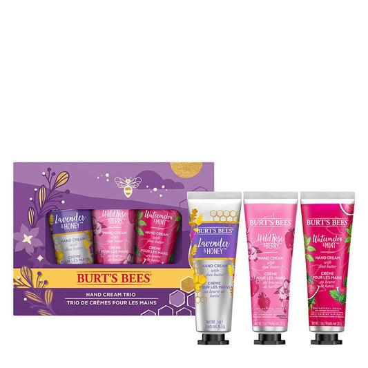 Burt's Bees | Hand Cream Trio Gift Set | naturally nourishing | hard-working hands | Lavender & Honey | Wild Rose & Berry | Watermelon & Mint | soft hands | blissfully fragrant.