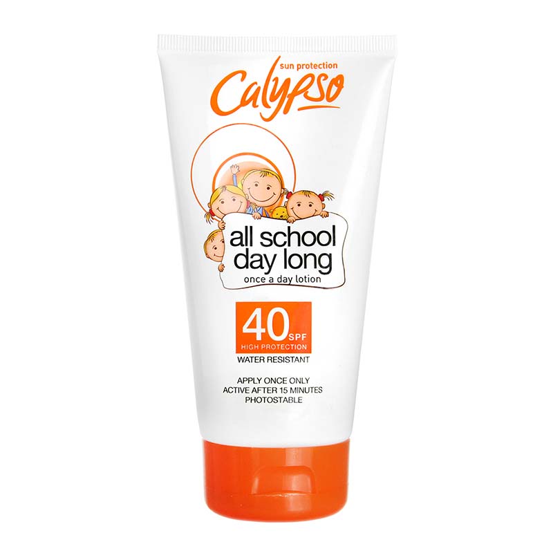 Calypso | All School Day | SPF 40 | sunscreen | lotion | kids |  protected | sun | 15 minutes | high protection | damaging rays | formula | developed | children