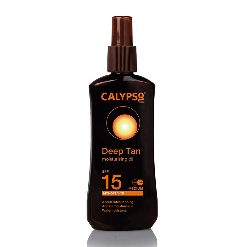 Calypso | Monoi | Tahiti Deep Tan | SPF 15 | moisturising oil | formulated | rich | deep | long lasting tan | spray oil | hydrate and soothe | low level protection | defense | sun’s rays  | UVA | UVB 