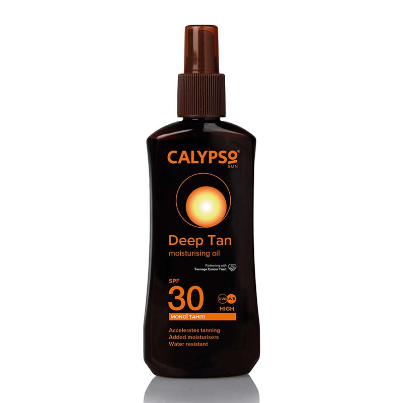 Calypso | Monoi | Tahiti Deep Tan | SPF 30 | moisturising oil | formulated | rich | deep | long lasting tan | spray oil | hydrate and soothe | low level protection | defense | sun’s rays  | UVA | UVB | glow