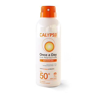 Calypso | Once A Day | SPF 50 | quick drying | long lasting | sun protection | applying | complete protection | UVA | UVB | protection | water resistant | spray | non-greasy | 12 hours | high factor | 8 hours